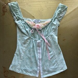 Floral Ruffle Top with Pink Ribbon